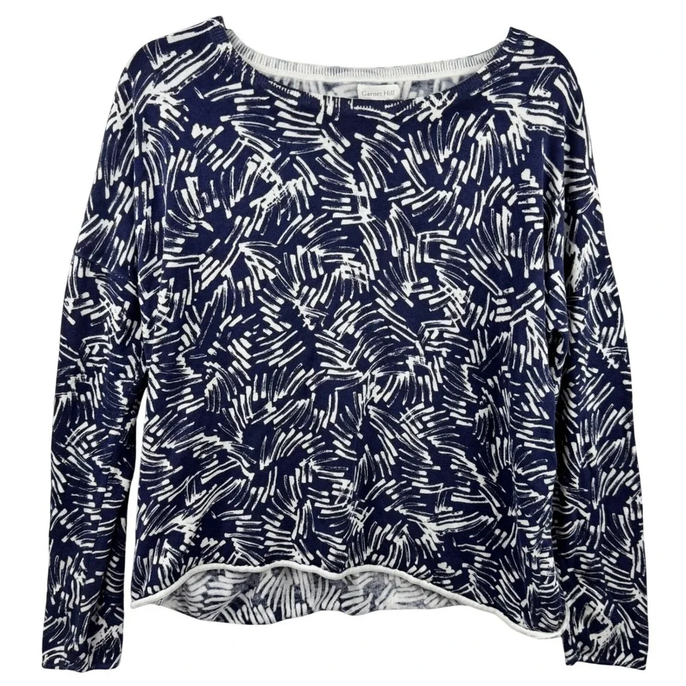 Garnet Hill Sweater Womens Medium Navy Blue Silk Cotton Abstract Oversized